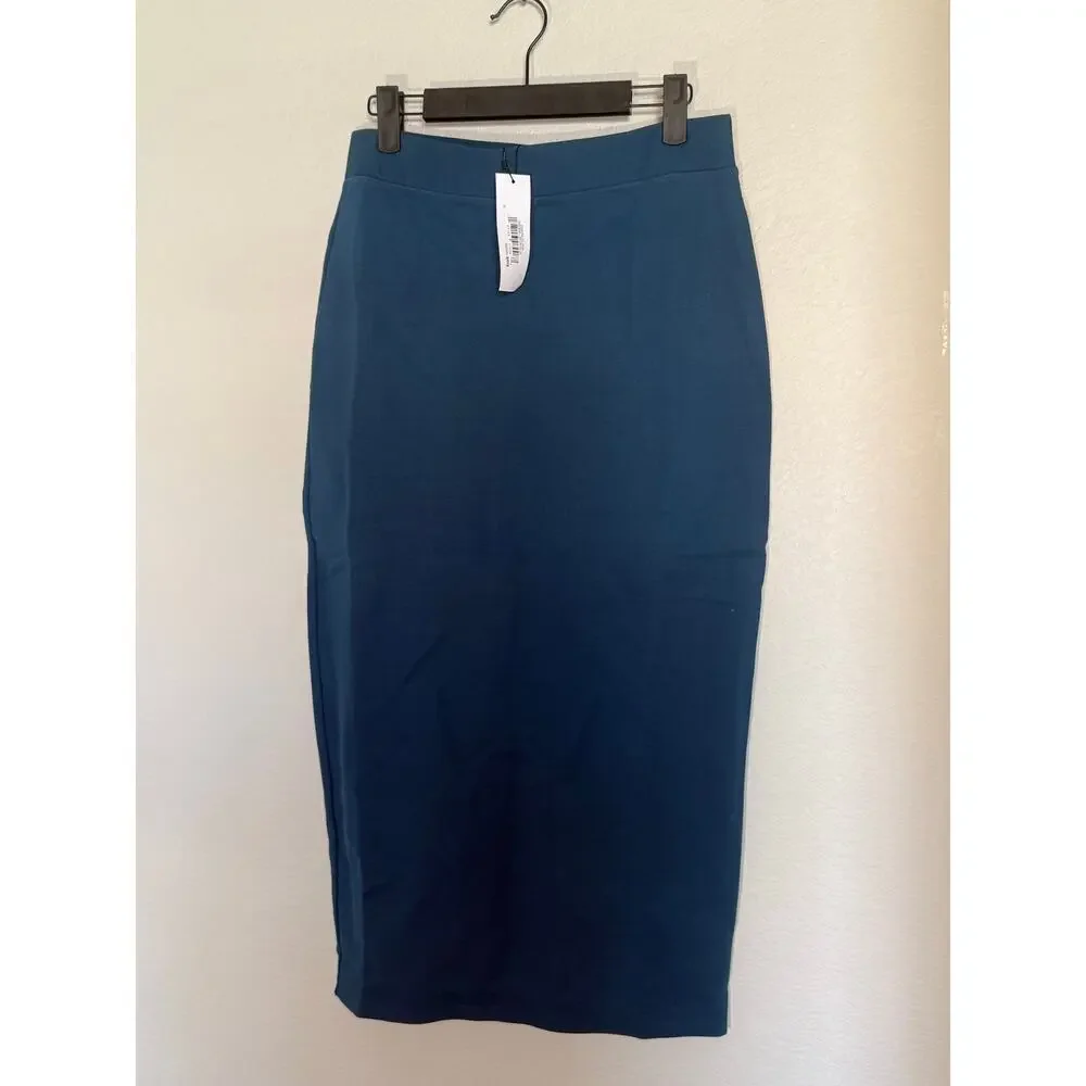 The Drop Ponte Teal Turquoise Blue Midi Pencil Skirt Career Stretch Skirt Medium